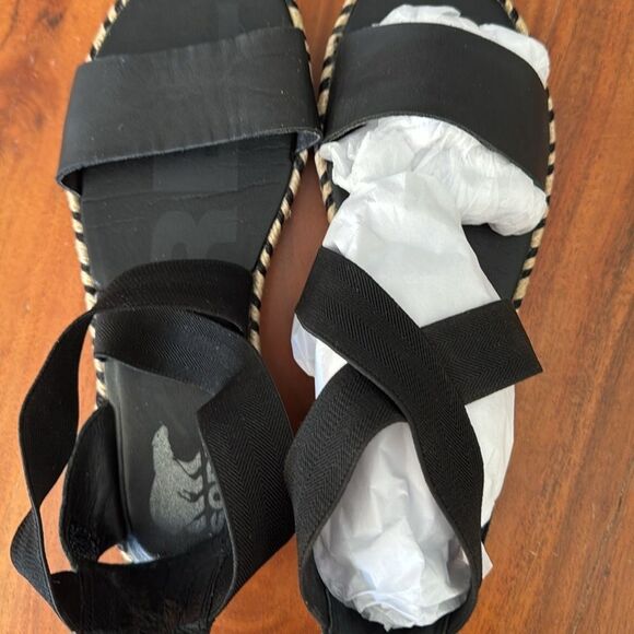 Sorel Ella I Black Leather Arrow Chevron Jute Espadrille Elastic Sandal EUC SZ 9 - Picture 3 of 6